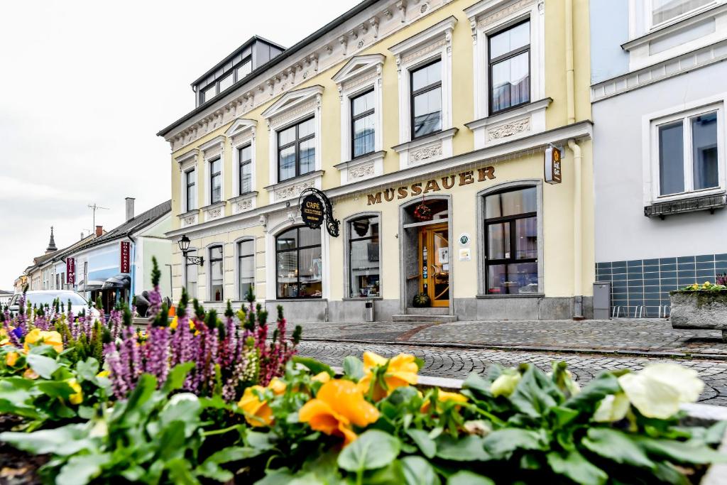 eine Straße mit Blumen vor einem Gebäude in der Unterkunft Konditorei Müssauer in Waidhofen an der Thaya