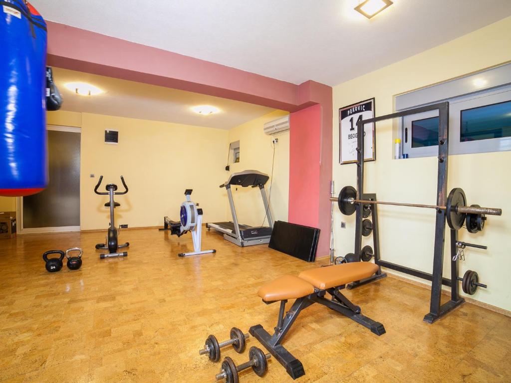 a gym with dumbbells and weights in a room at Apartments Raymond in Sveti Stefan