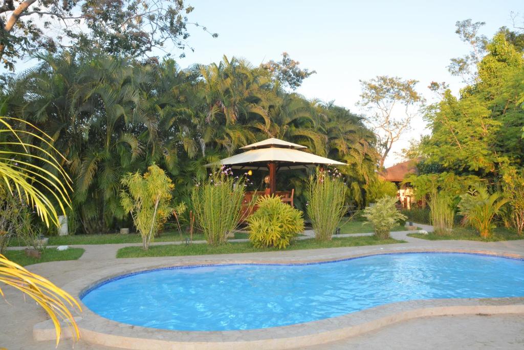 a swimming pool in a yard with an umbrella at Lodge Margouillat in Tambor