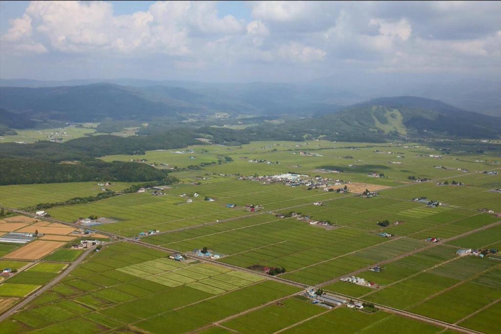 an aerial view of a large field with horses at P-Dash Garden Backpackers in Higashikawa