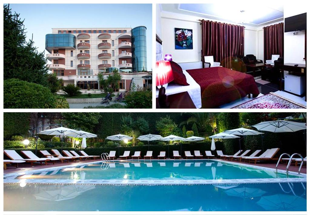 eine Collage mit Bildern eines Hotels und eines Pools in der Unterkunft Orchidea Hotel in Tirana