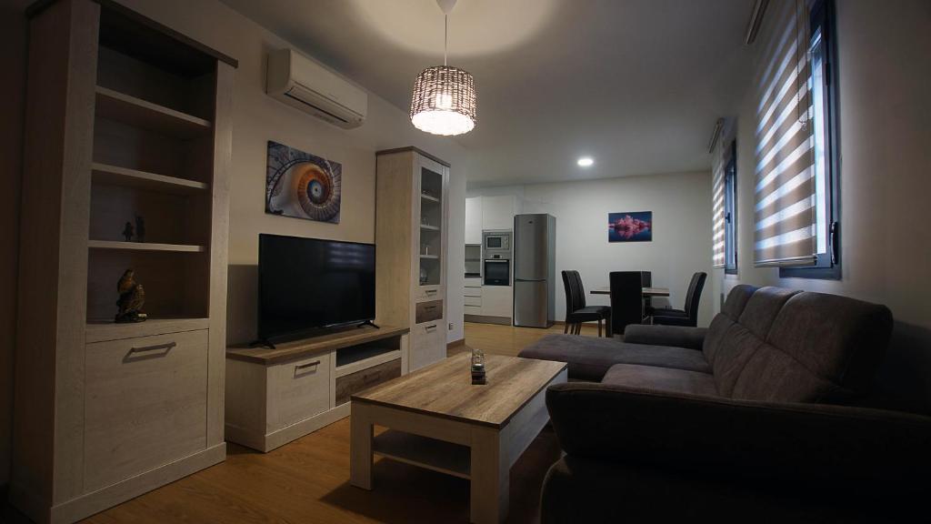 een woonkamer met een bank en een flatscreen-tv bij Apartamento con garaje, El barco in Toledo