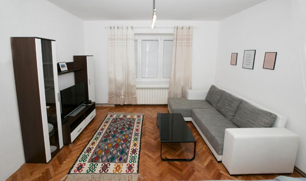 - un salon avec un canapé et une télévision dans l'établissement Downtown 3 Bedroom Apartment, à Sarajevo