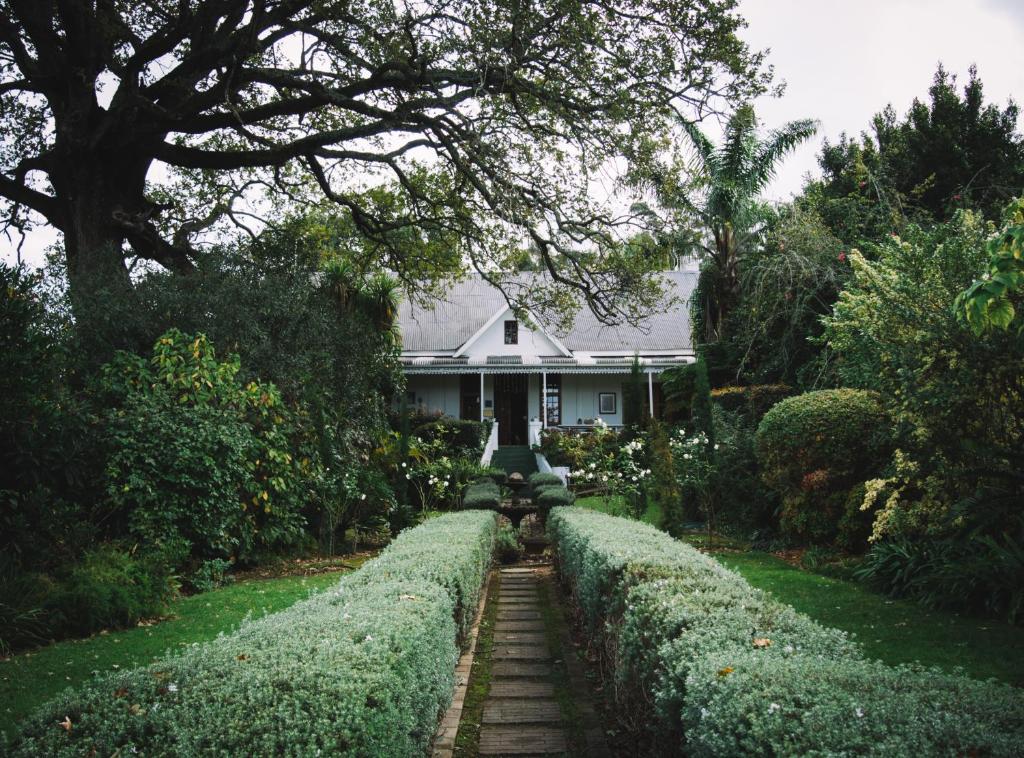 une maison blanche avec des haies devant elle dans l'établissement Cypress Cottage Guest House, à Swellendam