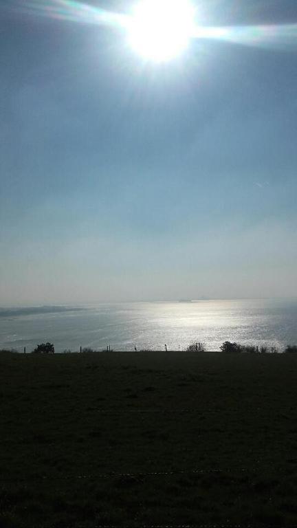 un champ où le soleil brille au-dessus d'une masse d'eau dans l'établissement Maison de vacances - Baie du Mont Saint Michel, à Saint-Jean-le-Thomas