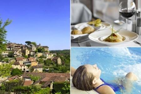 un collage di immagini con un tavolo con un piatto di cibo di Les Hauts de Lastours a Belvès