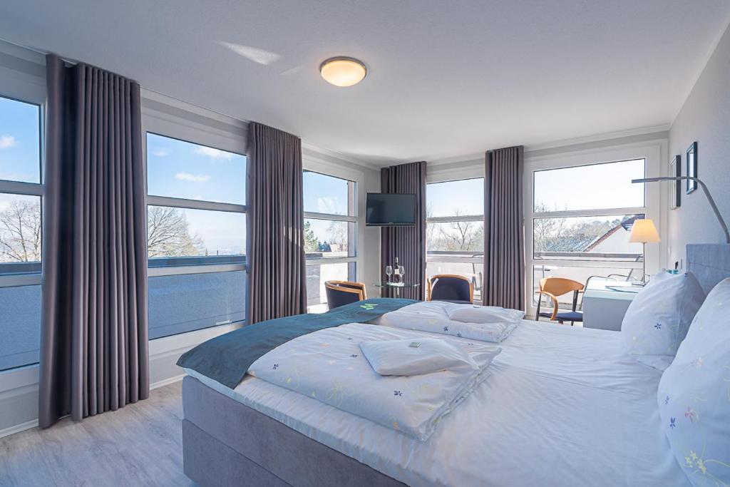 a bedroom with a large bed with large windows at BioHotel Kassel Wilhelmshöher Tor in Kassel