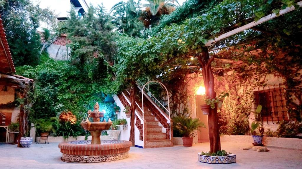 a fountain in front of a building with a tree at Granada Apartments Familiar Deluxe in Portinatx