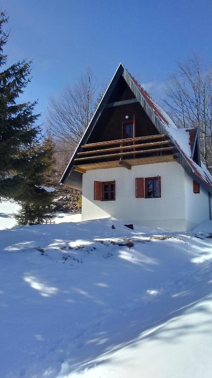 ein Haus mit Schnee davor in der Unterkunft Holiday Home Ema in Plešin