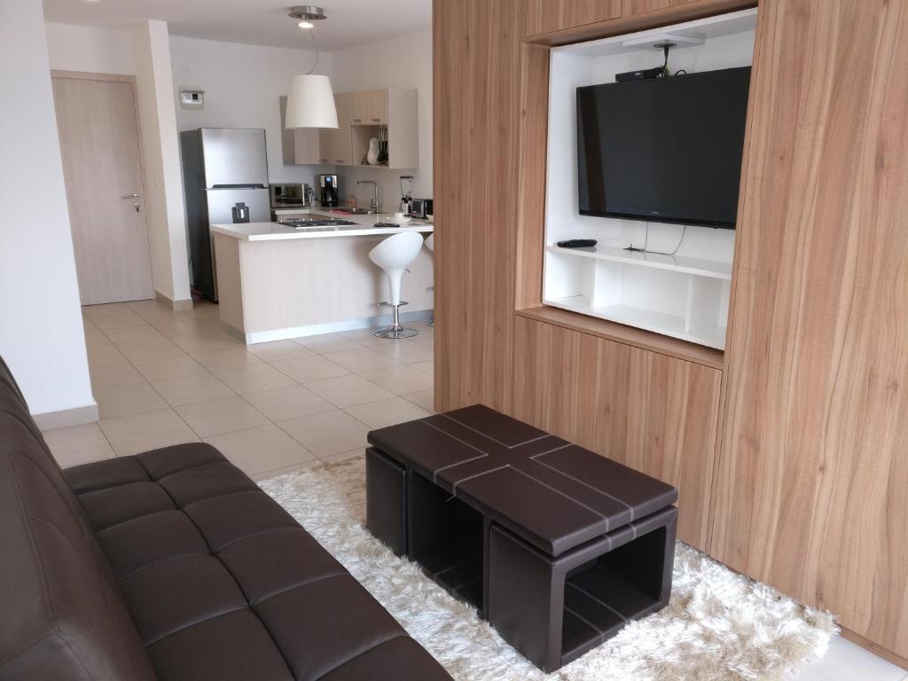 a living room with a couch and a flat screen tv at Boutique Apartment Carso Alameda-1102 in Mexico City