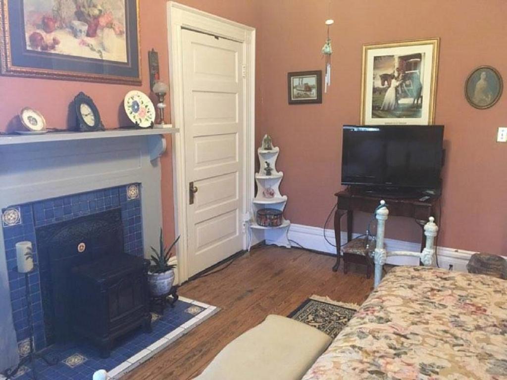 un salon avec une cheminée et une télévision dans l'établissement Inn Upon Moon River Plantation, à Chester