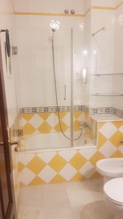 a bathroom with a shower and a toilet at Pensión San Benito Abad in Seville