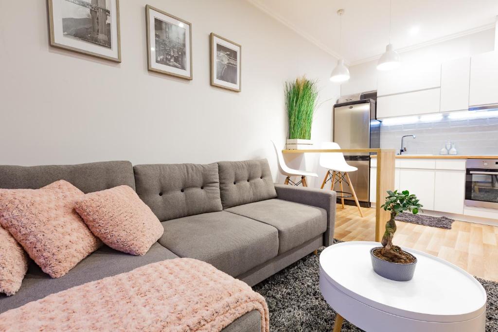ein Wohnzimmer mit einem Sofa und einem Tisch in der Unterkunft MW apartments in Rzeszów