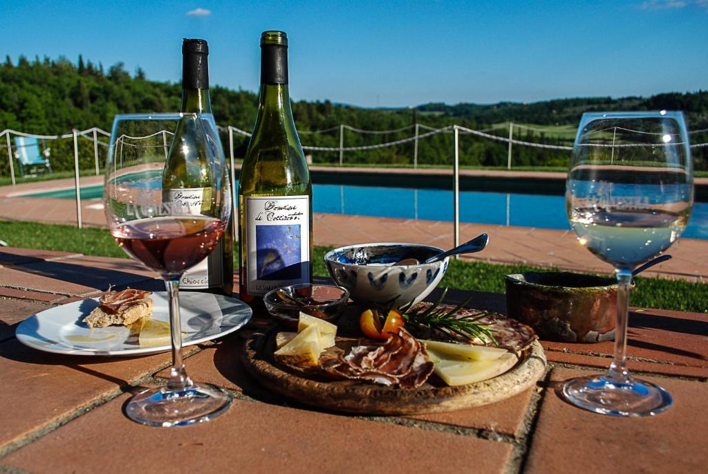 stół z dwoma kieliszkami wina i talerzem jedzenia w obiekcie Bio-Agriturismo La Ginestra w mieście San Casciano in Val di Pesa