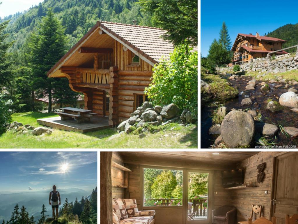 a collage of pictures of a log cabin at Le Couarôge Chalets et Appartements in La Bresse