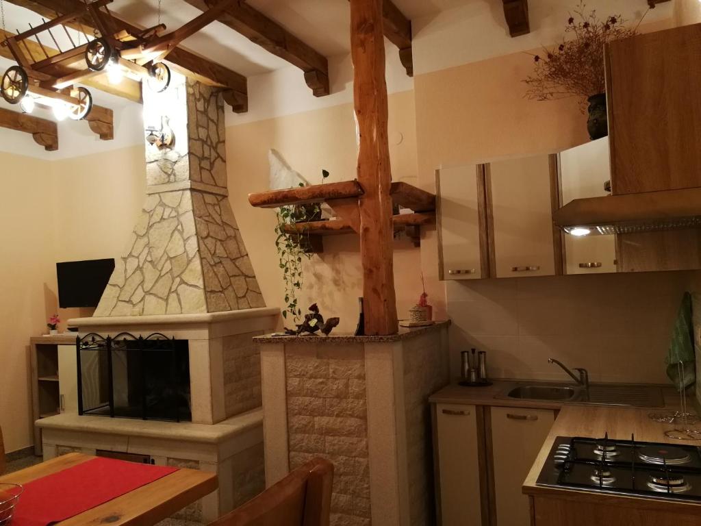 a kitchen with a stove top oven next to a counter at Apartman Fachin in Motovun
