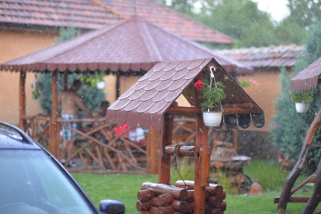 a bird feeder in the rain with a gazebo at Country house Egomer in Călugări