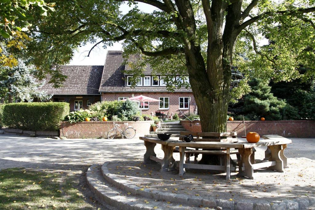 una mesa de picnic bajo un árbol en un patio en Ferienhof Cohrs, en Bispingen