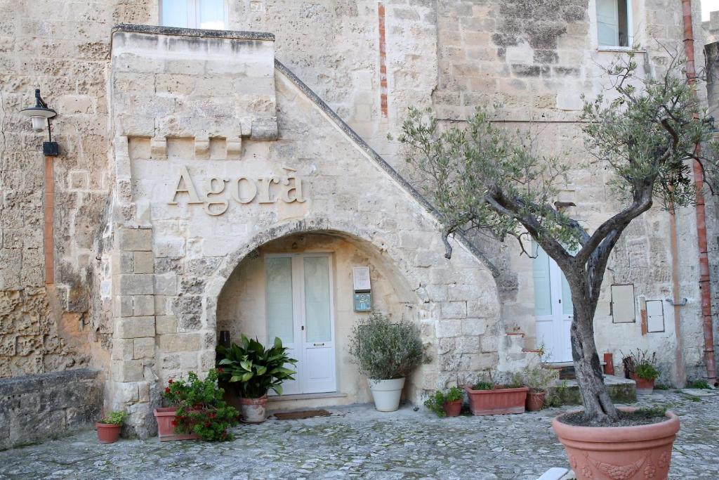 an entrance to a stone building with plants around it at Agora nei Sassi in Matera