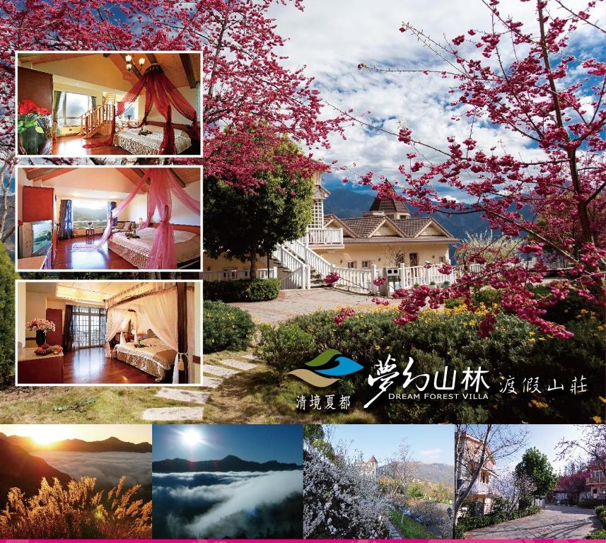 uma colagem de fotos de uma casa e uma árvore em Dream Forest Villa em Ren'ai