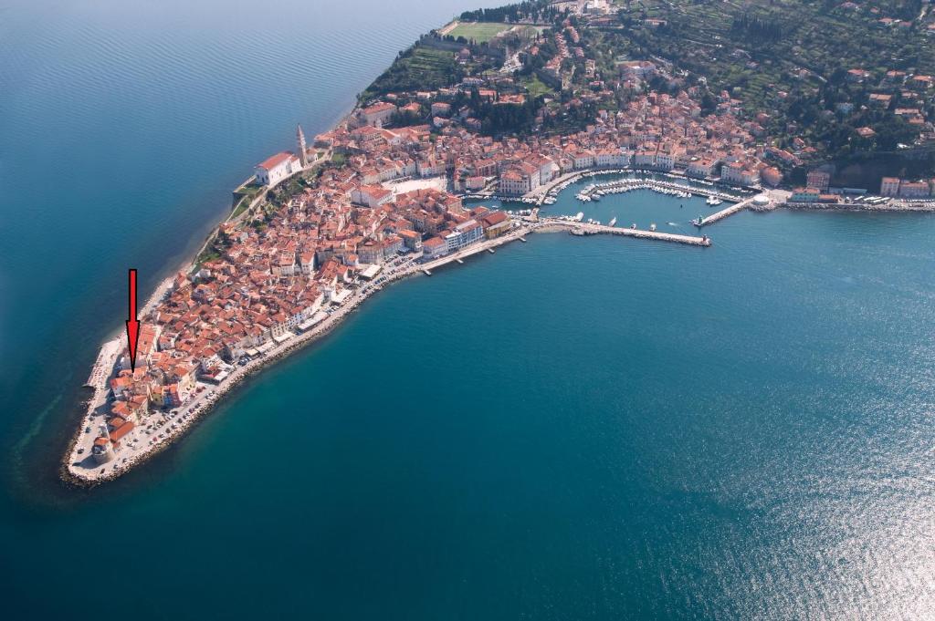 an aerial view of a small island in the water at Piran Punta Beach Apartment in Piran