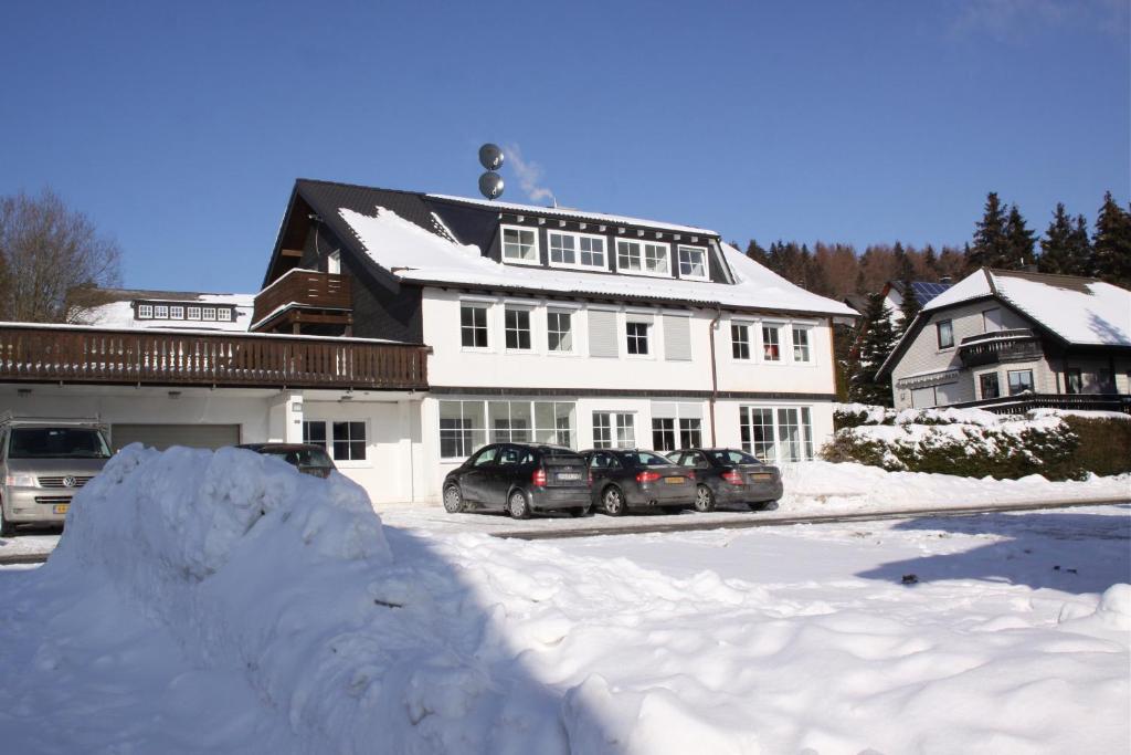 ein Haus mit zwei Autos im Schnee in der Unterkunft Kristall Apartments in Winterberg