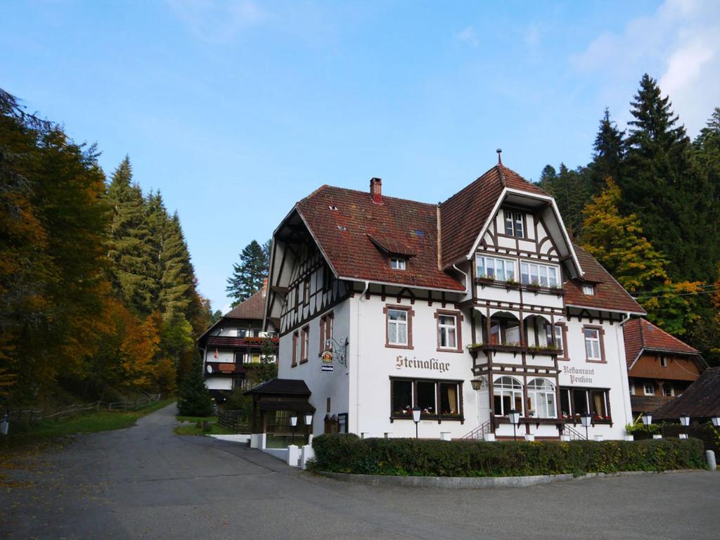 ein großes weißes Gebäude mit braunem Dach in der Unterkunft Hotel B&B Steinasäge in Bonndorf im Schwarzwald