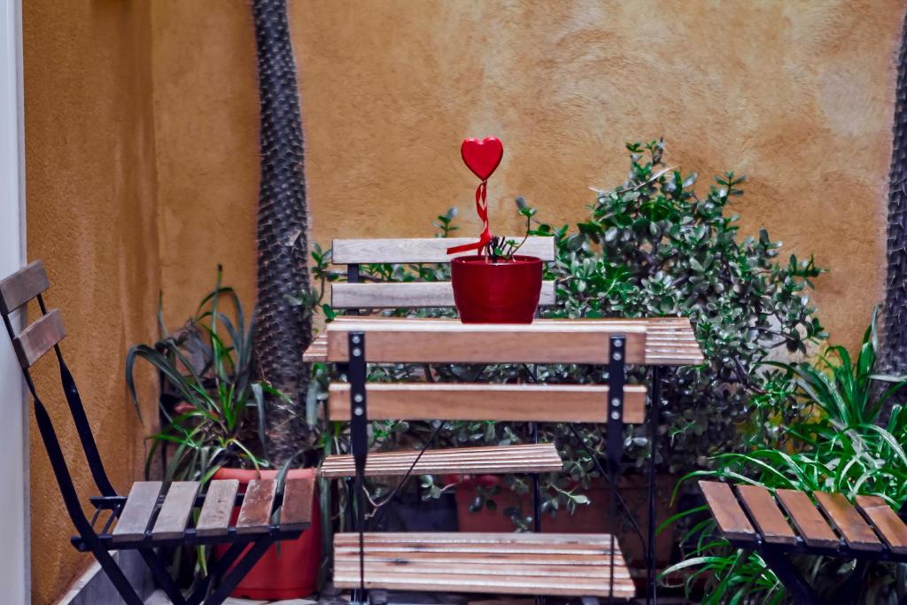una flor roja en una olla en un banco en Palermo al Centro - Appartamento Maestri en Palermo