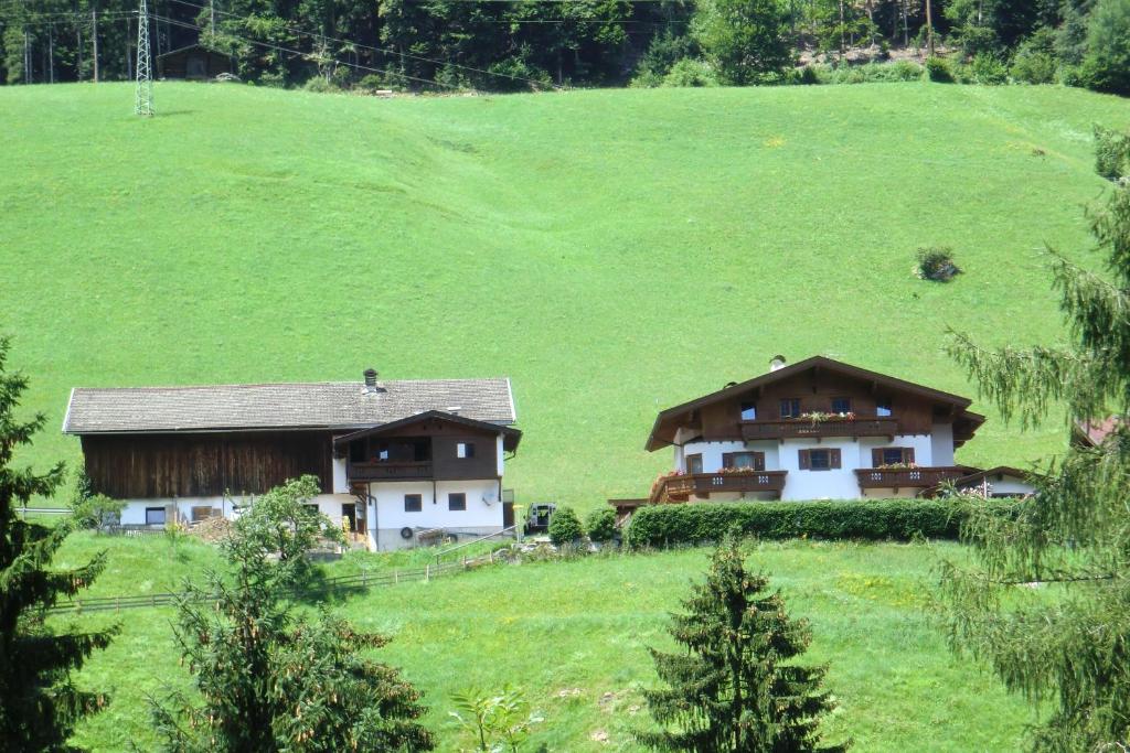 two houses in a field with a green hill at Zellerhof in Finkenberg