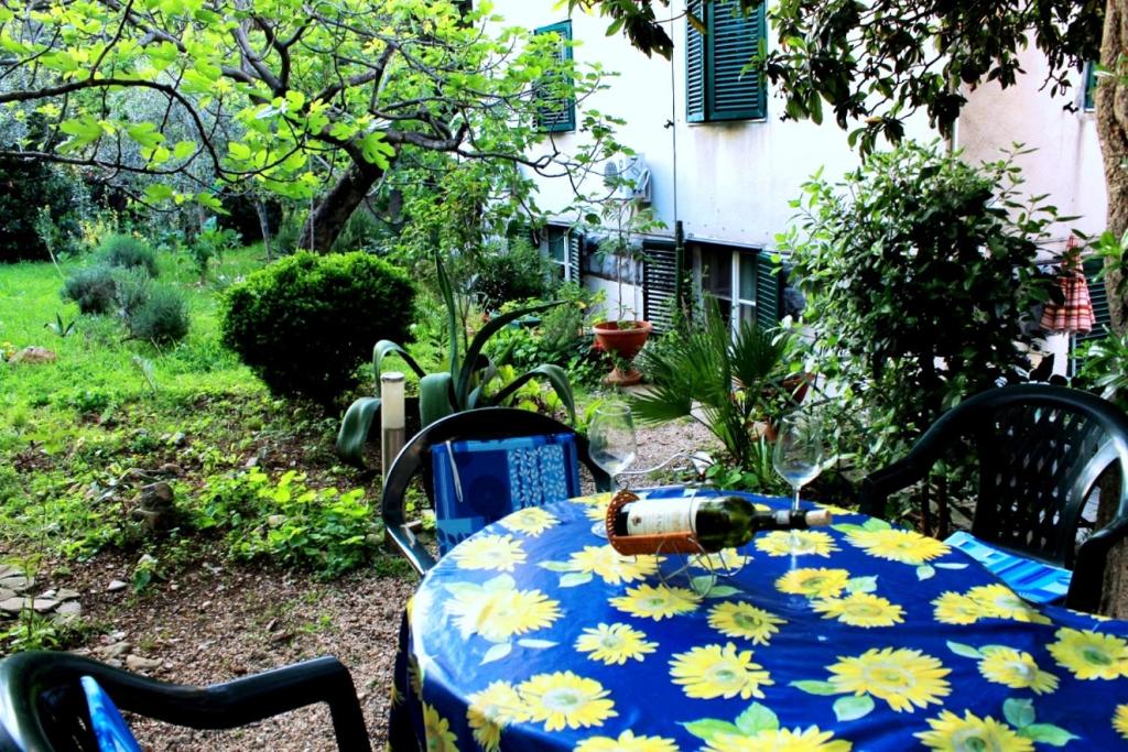 niebieski i żółty stół z kieliszkiem wina w obiekcie Guest house with garden - Zuvan w Splicie