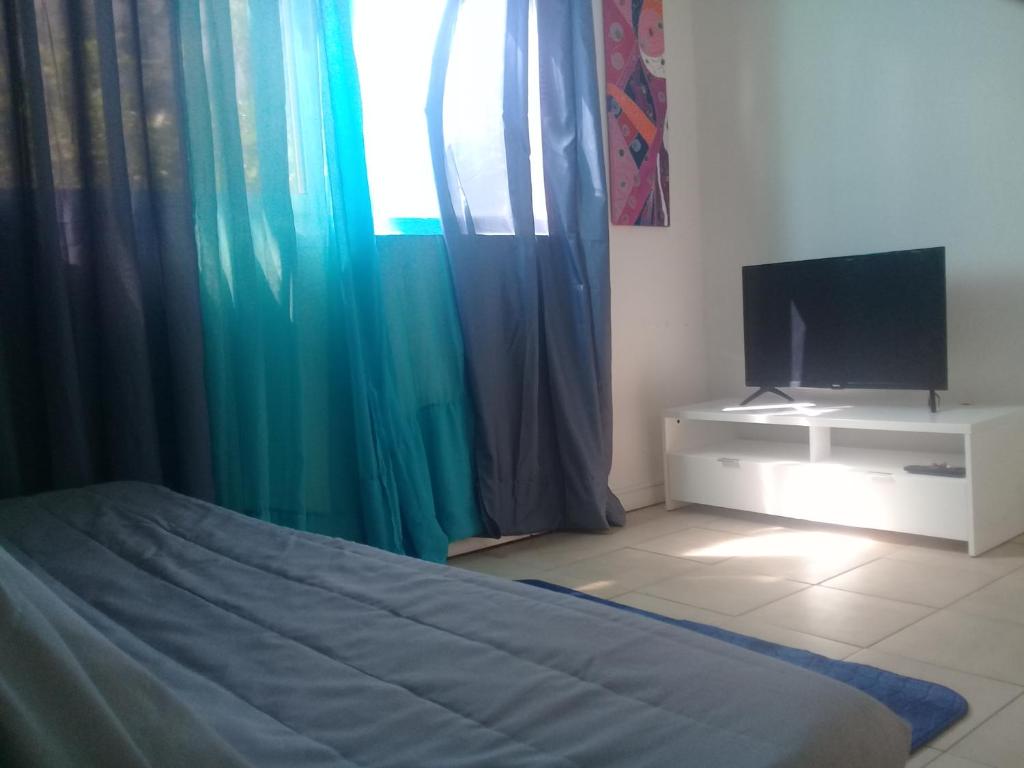 Schlafzimmer mit einem Bett, einem TV und einem Fenster in der Unterkunft Location bas de maison in Sainte-Anne