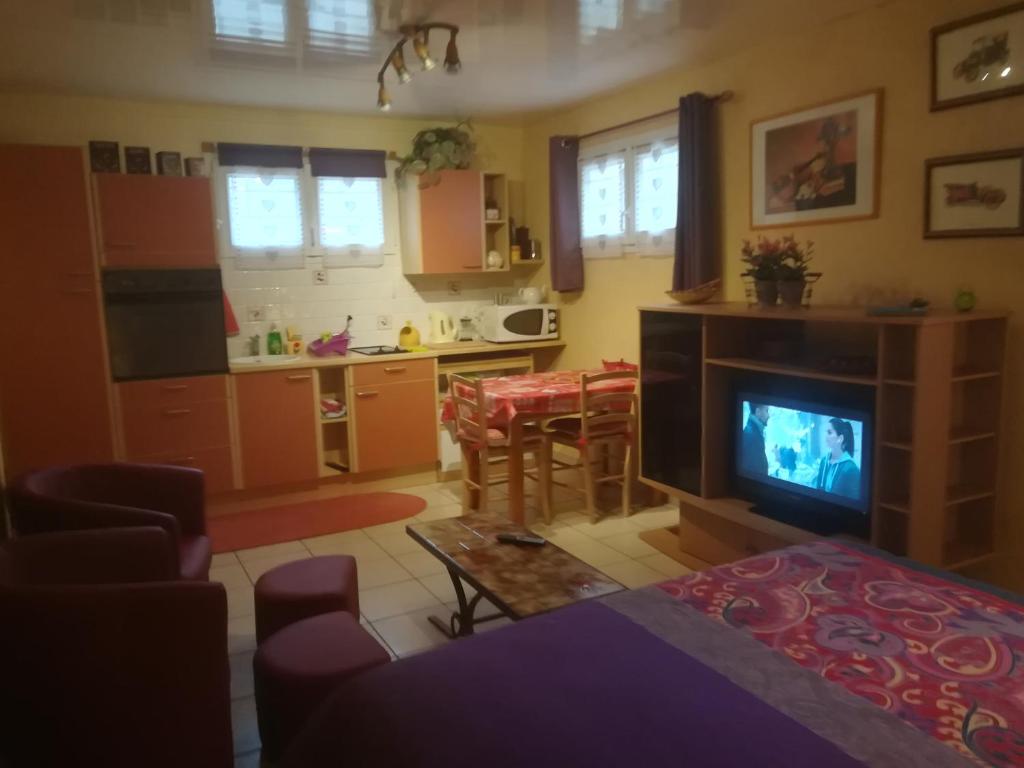 uma sala de estar com televisão e uma cozinha em Maison em Montricher-le-Bochet