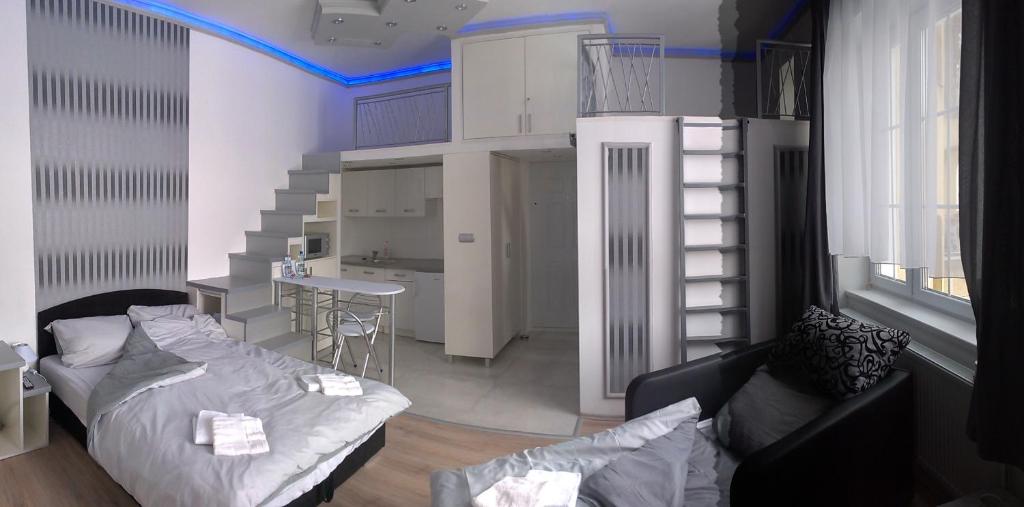 ミシュコルツにあるSzéchenyi Apartman Miskolc belvárosbanのリビングルーム(ソファ付)、キッチン