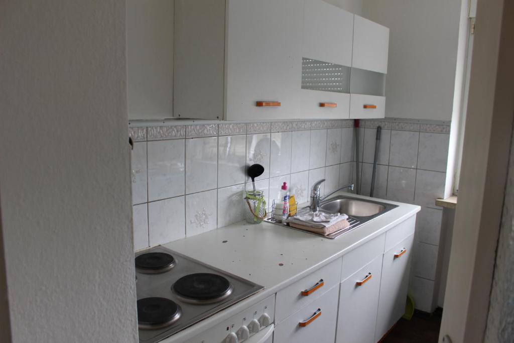 uma cozinha branca com um fogão e um lavatório em ZV-Scholtz Monteurswohnungen em Burgkirchen an der Alz