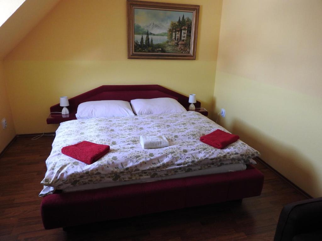 a bedroom with a bed with red pillows on it at Privát U Slávky in Ždiar
