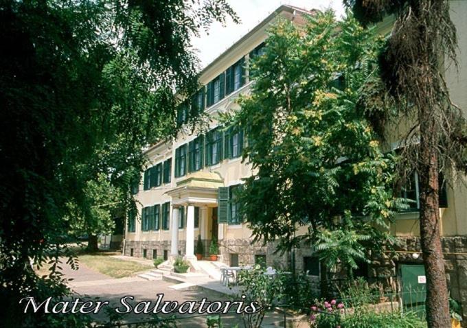 un edificio con un árbol delante de él en Mater Salvatoris House, en Gödöllő