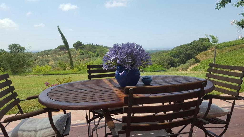 una mesa de madera con un jarrón de flores púrpuras. en Podere Serra destri, en Riparbella