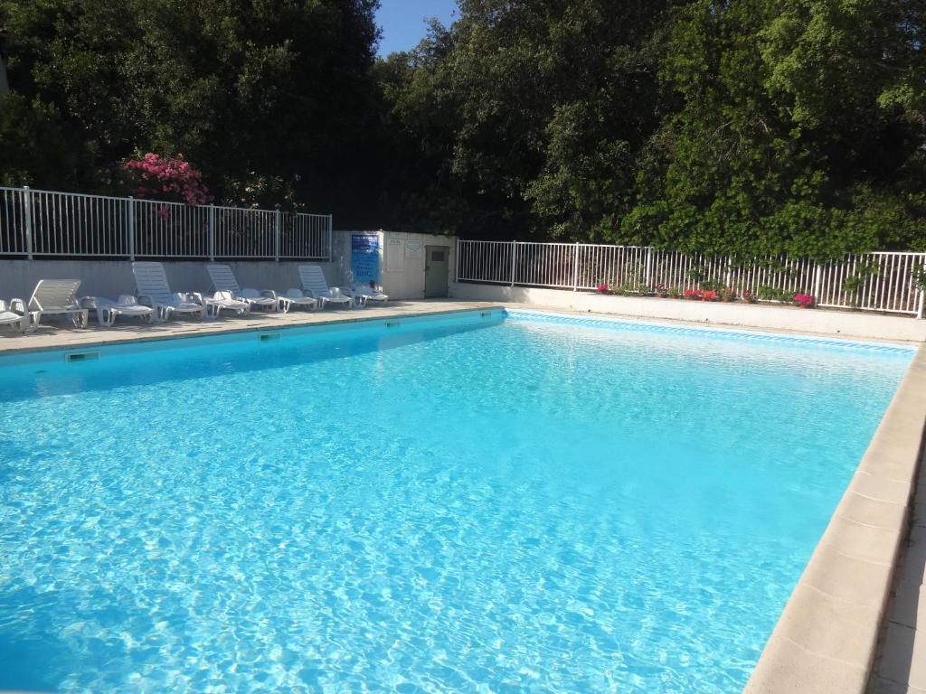 a large blue swimming pool with chairs and trees at Residence Pezza Cardo in Porto-Vecchio