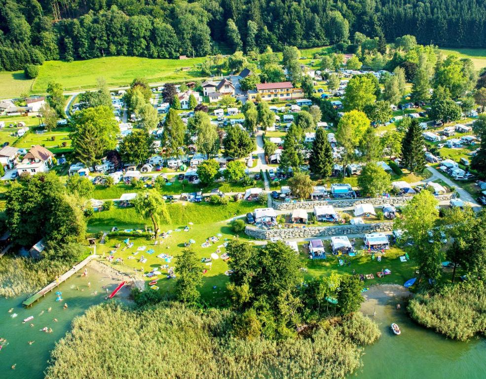 an aerial view of a park next to a river at Seecamping & Pension Mentl in Landskron