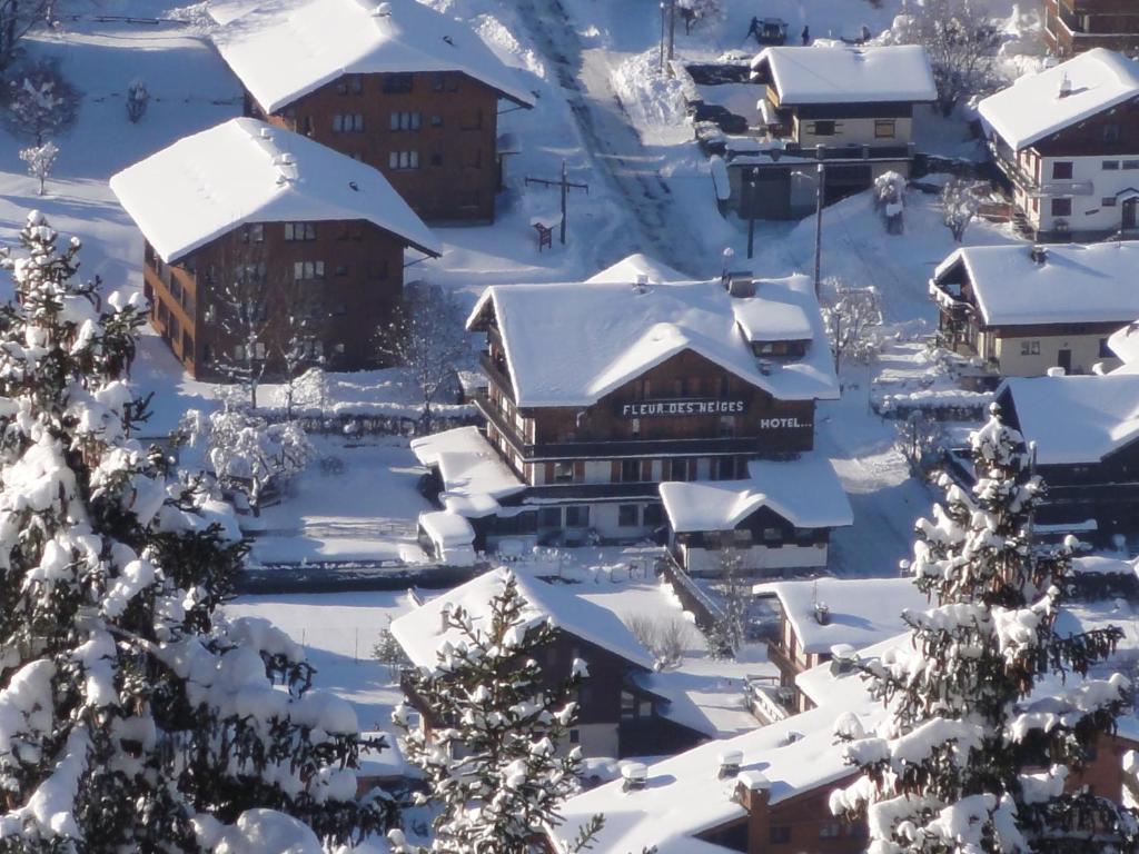 een stad bedekt met sneeuw met gebouwen bij Fleur des Neiges in Morzine