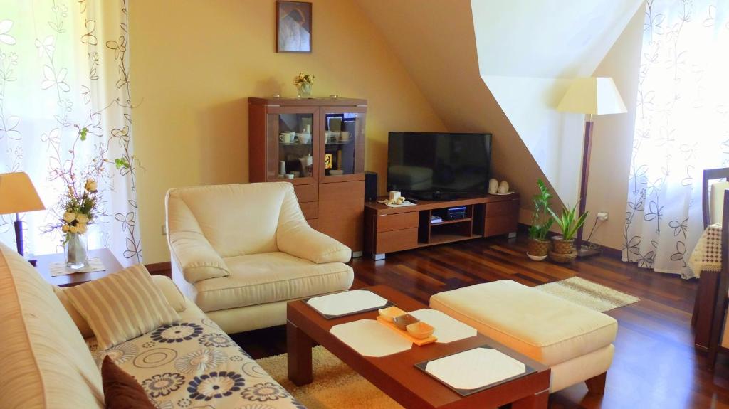 a living room with a couch and a tv at Apartament Parkowa Polana in Polanica-Zdrój