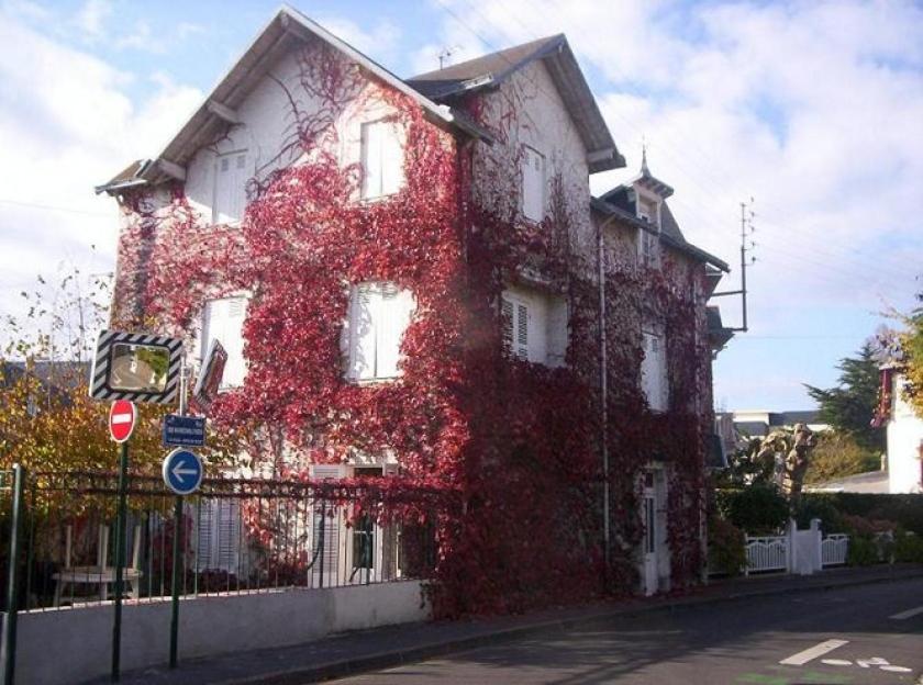 a building covered in red ivy next to a street at La Bergerie in Le Pouliguen