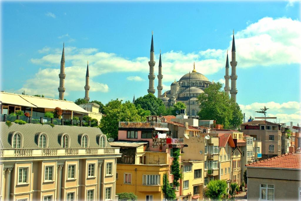 uma vista para uma cidade com mesquitas ao fundo em Sultan's Inn em Istambul