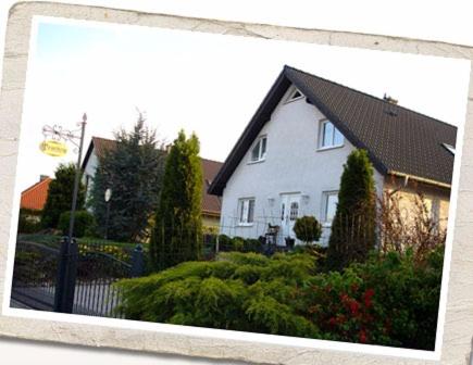 een wit huis met een zwart dak en wat struiken bij Kieselwitzer Stübchen Bremsdorfer Weg 9 in Kieselwitz