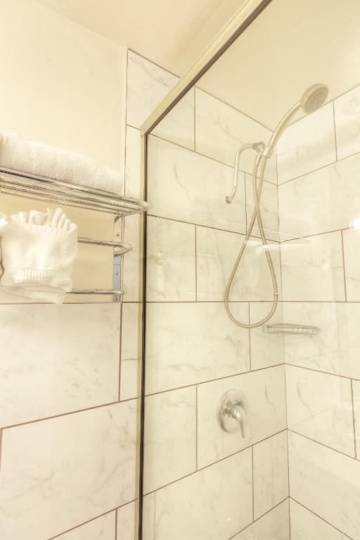 a bathroom with a shower with a glass door at Hotel Ruby in Spokane