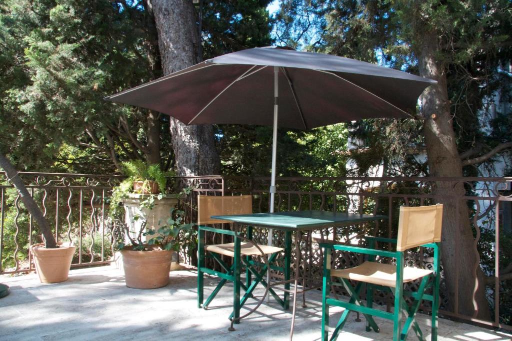 a green table and chairs under an umbrella at Les Bastidieres - Cap Brun in Toulon