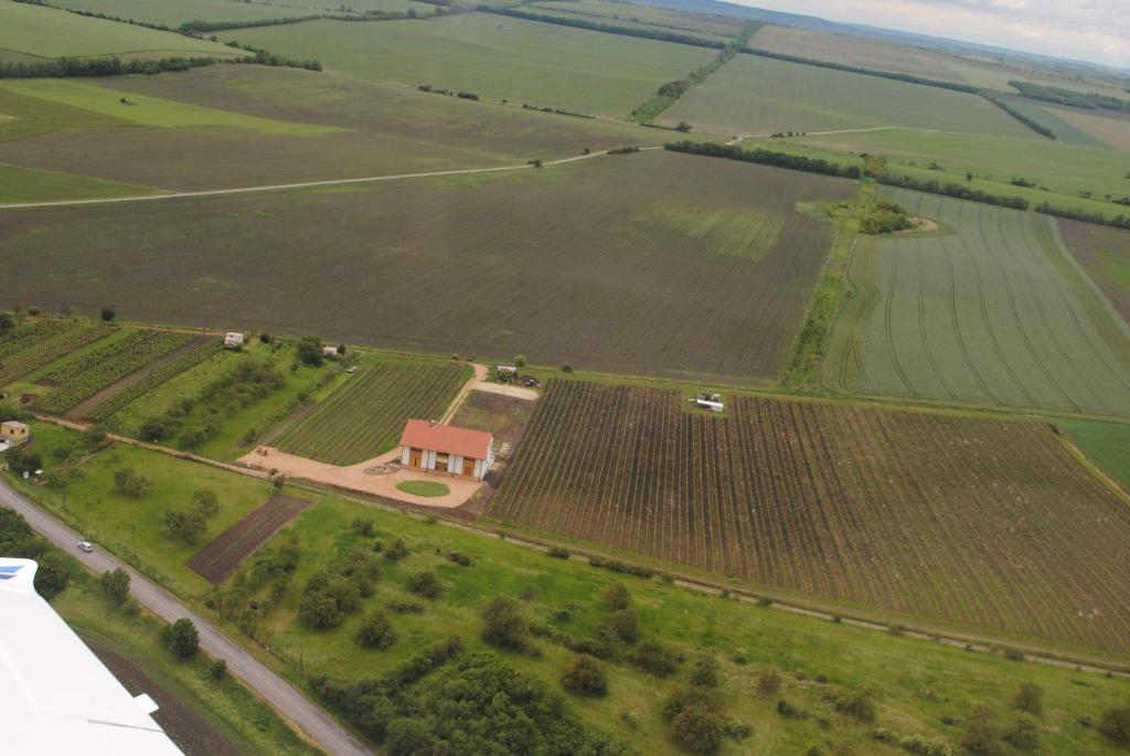 an aerial view of a field with a farm at Vinařský Penzion in Strachotice