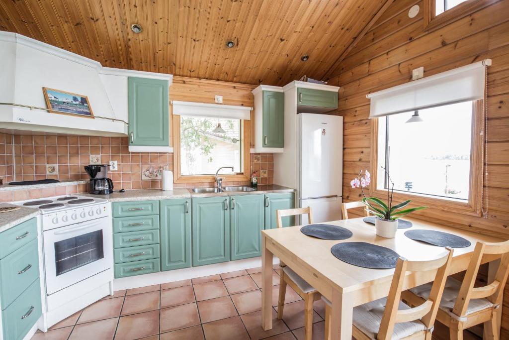 a kitchen with green cabinets and a wooden ceiling at Nivagården in Korpikylä
