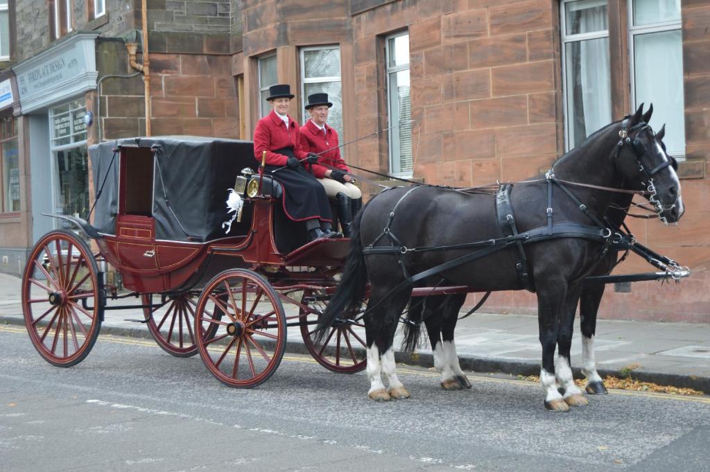 a horse pulling a carriage down a street at A-Haven Townhouse Hotel in Edinburgh