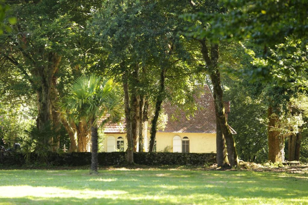 un grupo de árboles frente a una casa en La Chapelle du Chateau Gîte, en Pouillon